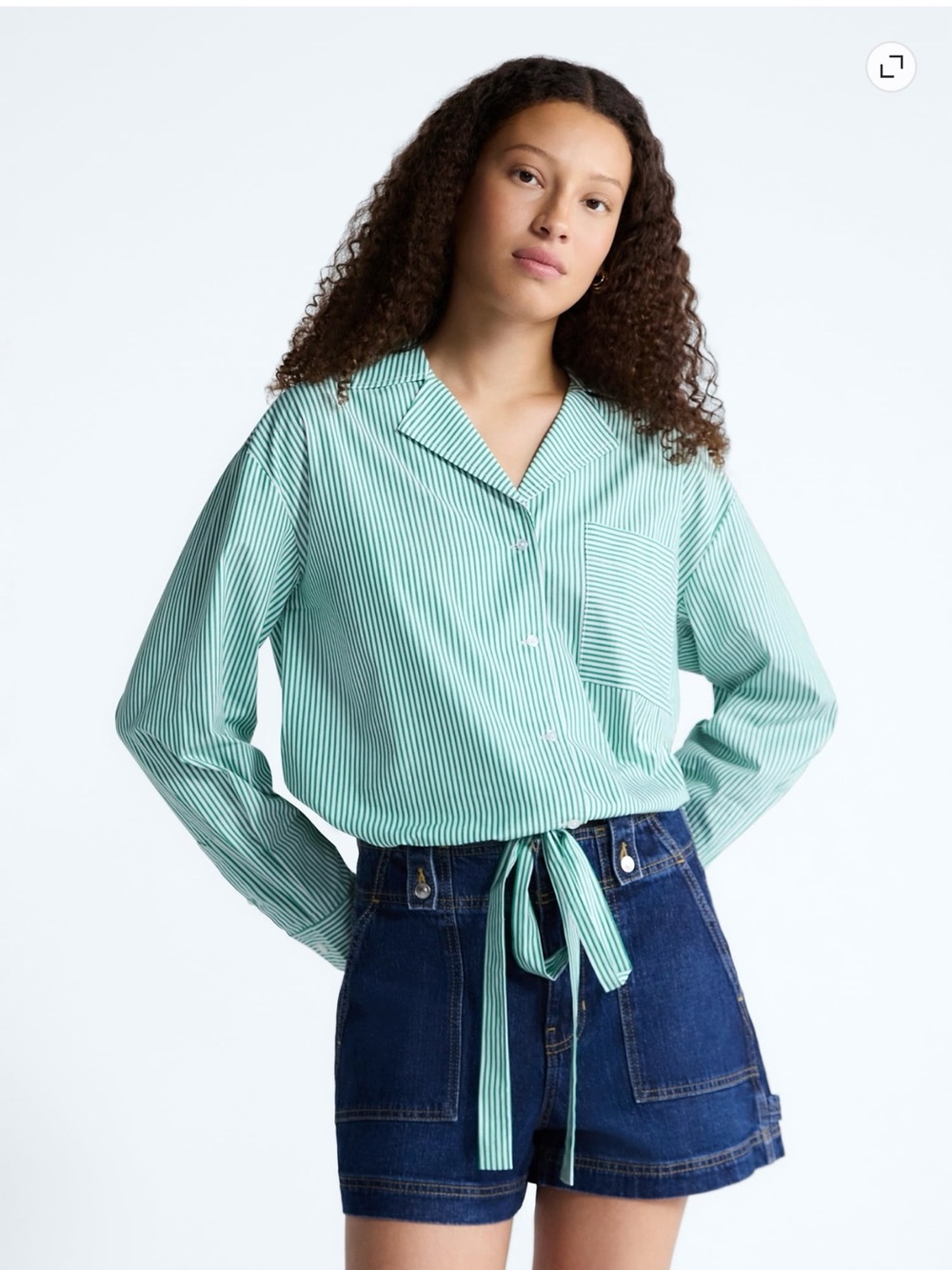 Striped Tie-Waist Button-Down Shirt - Mint Green